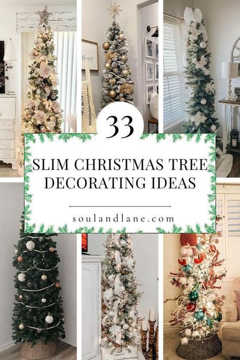 Christmas Trees For Small Apartments, Pencil Christmas Tree Decoration Ideas, Tall Narrow Christmas Tree, 12 Ft Slim Christmas Tree, Farmhouse Slim Christmas Tree, Christmas Tree Beside Fireplace, Slim Christmas Tree Topper, Decorating Pencil Trees For Christmas, Themed Pencil Christmas Tree Ideas