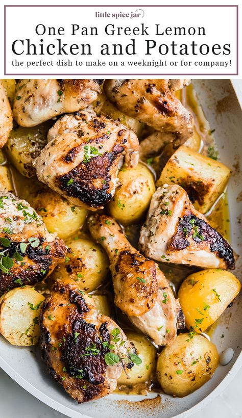 Greek Chicken and Potatoes – An easy one pan meal that comes together quickly and is sure to be a crowd pleaser! Scented with lemons and loaded with oregano! #lemonchicken #roastedchicken #chickenrecipes #greekpotatoes #greekchicken | Littlespicejar.com Greek Slow Cooker Lemon Chicken And Potatoes, Greek Chicken Potatoes, Greek Chicken And Potatoes Baked, Lemon Greek Chicken, One Pan Greek Chicken, One Pan Greek Lemon Chicken And Potatoes, Greek Lemon Chicken And Potato Bake, Greek Lemon Chicken And Potatoes, Skillet Lemon Herb Chicken And Potatoes