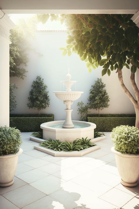 Inspiration garden planter idea. Faunten Garden, Small Front Yard Water Fountain Ideas, Garden Design Fountain, Fountain In Front Of House Entrance, Fountain In Courtyard, French Fountain Garden, Courtyard Fountain Ideas, Italian Courtyard Ideas, European Courtyard Garden