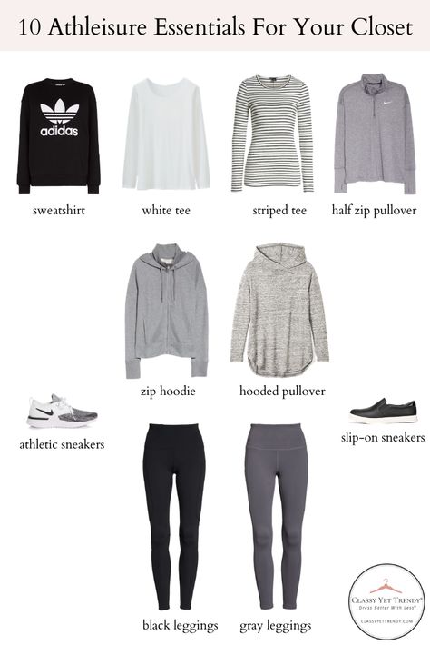 10 Athleisure Essentials For Your Closet - Prep your closet with a gym inspired clothes and shoes affordable budget friendly wardrobe.  Wear your outfits to workout and dress casual everyday!  Includes a half zip pullover, sweatshirt, tee, zip hoodie, hooded pullover, leggings, athletic sneakers and slip on sneakers. #capsulewardrobeblogger #capsulewardrobe #leancloset #lessismore #capsulecloset #slowfashioninspo #thatsdarling #darlingdaily #darlingmovement #ootdshare #livesimply #thelittlething What To Wear With Athletic Leggings, Womens Athlesuire Outfits, Old Navy Athleisure Outfits, Women’s Athleisure Outfits 2023, Cool Weather Athletic Outfits, Target Athleisure Outfits, Mom Athleisure Style Winter, Athleisure Wardrobe Capsule, Athlesuire Capsule Wardrobe