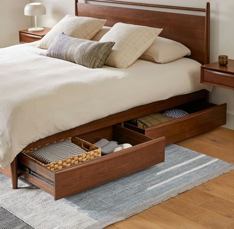 Simple pleasures… but now with storage. All the hits of the Lenia series — tapered legs, solid and veneered walnut, panel headboard, concealed joinery, an unadorned silhouette — plus four lovely deep drawers for your socks/blankets/book collection/etc. Compact Bed Frame, King Bed Built In Nightstand, Platform Beds With Drawers, Beds With Wooden Headboards, Storage Queen Bed Frame, Wooden Bed With Drawer, King Bed Frame Storage, King Bedframe Ideas, Bedframes With Storage