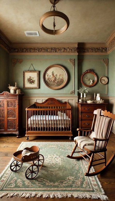 Nursery With French Doors, Old School Nursery Room, Rustic Baby Room Ideas, Baby Boy Room Inspiration, Antique Nursery Ideas, Antique Baby Nursery, Sage Green Nursery Ideas, Modern Pink Bedroom, Green Nursery Ideas