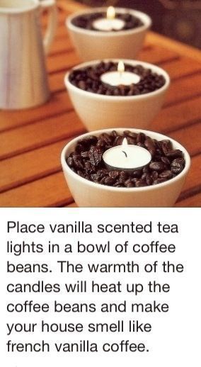 Who knew you could DIY candles by mixing them with other scents! By mixing this vanilla candle with coffee beans, you can enhance your home with the smell of french vanilla coffee! Perfect for early fall mornings. Koti Diy, French Vanilla Coffee, Diy Scent, Concrete Ideas, Hemma Diy, Vanilla Candle, Diy Casa, Pot Pourri, Vanilla Coffee