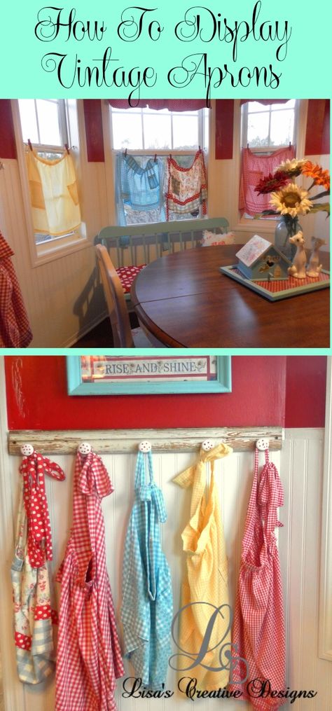 Creative Ways To Display A Vintage Apron Collection Vintage Aprons Repurposed, Old Aprons Display, Display Aprons In Kitchen, Vintage Aprons Display Cute Ideas, Antique Apron Display, Kitchen Apron Display, Vintage Apron Display, Displaying Vintage Aprons, How To Display Vintage Aprons