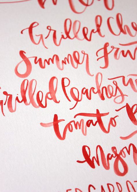 fiesta red wedding inspiration - calligraphy Watercolor Signage, Colour Calligraphy, Signage Lettering, Watercolor Writing, Watercolor Letters, Watercolor Font, Menu Signage, Watercolor Menu, Lettering Handwriting