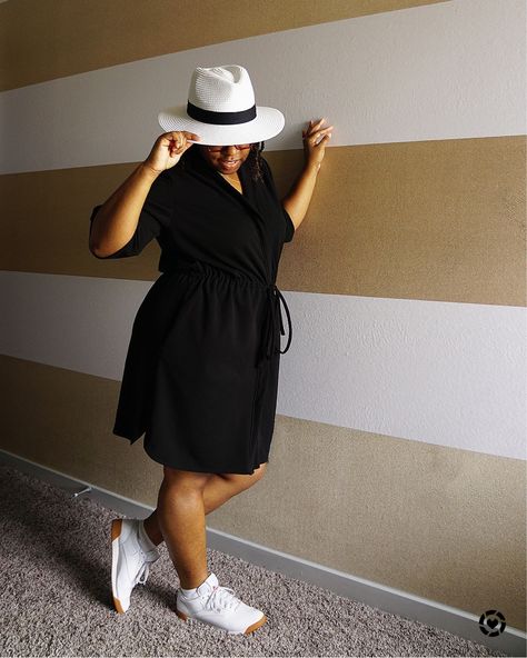 African American woman in Black Button Down Dress with White Reebok Sneakers Straw Hat And Dress Outfit, Reebok White Sneakers, Black Button Down Dress, Womens Beach Hat, Hat Fedora, White Reebok, Summer Fashions, Beach Hats, Chic Sneakers