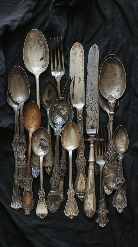 Antique Silverware Collection: A vintage assortment of tarnished silver spoons, forks, and knives displayed on a dark fabric. #antique #silverware #vintage #spoons #forks #knives #tarnished #collection #aiart #aiphoto #stockcake https://ayr.app/l/fLL2 Silverware Display, Spoon Display, Antique Cutlery, Forks And Knives, Silverware Drawer, Monochrome Color Palette, Antique Bar, Antique Silverware, Dark Fabric