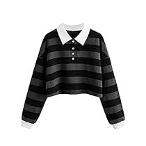 Alt Clothes, Interesting Outfits, Striped Sweatshirt, Button Long Sleeve, Crop Top Sweatshirt, Striped Sweatshirts, Easy Trendy Outfits, Collars For Women, Striped Crop Top