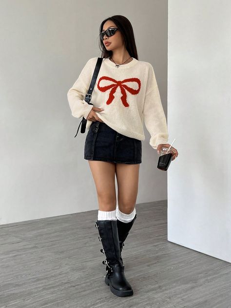 Women's Oversized Crew Neck Drop Shoulder Bow Decor Casual Knit Sweater, Fall/Winter Apricot Casual  Long Sleeve Knitwear Colorblock,Graphic Pullovers High Stretch  Women Clothing, size features are:Bust: ,Length: ,Sleeve Length: Christmas Jumper Outfit Aesthetic, One Shoulder Sweater Outfit, Teen Christmas Outfit Ideas, Ugly Sweater Ideas For Women, Knit Pullover Outfit, Nice Christmas Outfits, Christmas Day Outfit Ideas, Christmas Outfits For School, Cute Christmas Fits