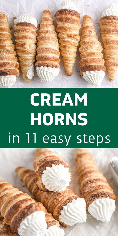 Do you love baking and pastry? With only 5 ingredients you can make bakery-quality cream horns boasting crumbly pastry and a sweet vanilla cream filling. Save this to your list of pastry recipes! Cream Horns Recipe, Puff Pastry Recipes Dessert, Cream Filling Recipe, Breakfast Dessert Recipes, Puff Dessert, Vanilla Cream Filling, Pastry Cream Recipe, Pastries Recipes Dessert, Homemade Pastry