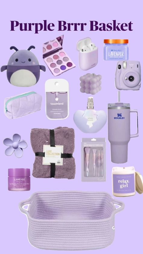 Purple Brrr Basket #brrrbasket #gift #giftguide #jinglebasket #purple #purpleaesthethic Boo Basket Ideas For Best Friend, Teen Gift Guide, Goodie Basket, Girly Christmas Gifts, Easy Birthday Gifts, Cute Christmas Ideas, Best Gift Baskets, Merry Christmas Baby, Birthday Basket