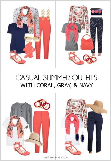 Casual Summer Outfits. Great For Travel. Mix and Match. Fashion Over 40. Coral, Gray, and Navy. Spring Outfit Women, Summer Holiday Outfits, Travel Clothes Women, Travel Outfit Summer, Spring Outfits Women, Fashion Over 40, Fashion Over 50, Casual Summer Outfits, Women's Summer Fashion