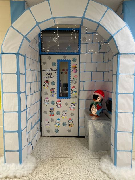 Classroom door decorations for Christmas or winter holidays. I will post more on the process soon. It was fairly time consuming but the finished results were incredible. Won 1st place in the school door competition. Winter Classroom Decorations Ceiling, Winter Themed School Hallway, Winter Wonderland School Hallway Ideas, Igloo Door Decoration, Winter Wonderland Art Preschool, Winter Theme Door Decorations For School, Christmas Door Decorations Competition, Frozen Hallway Decorations School, Winter Door Display