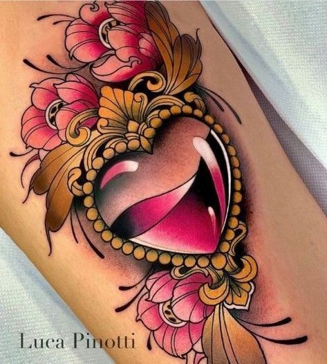 Tatuaje Cover Up, Traditional Heart Tattoos, Neo Tattoo, Sacred Heart Tattoos, Gem Tattoo, Jewel Tattoo, Tattoo Apprenticeship, Bottle Tattoo, Tatuaje A Color