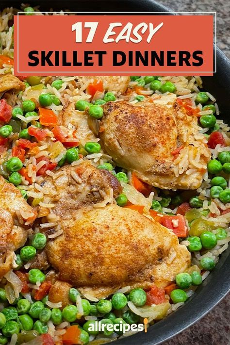 Looking for the best dinner ideas? Try cooking these easy skillet dinners. From a chicken thigh and rice skillet to a pork chop skillet to stir fry, these quick and easy skillet meals are delicious weeknight dinner recipes for your family. One Frying Pan Meals, One Pot Skillet Meals Healthy, Best Skillet Meals, Stove Top Skillet Recipes, Stove Top Skillet Meals, One Pan Stovetop Meals, Simple Cast Iron Skillet Recipes, Pork Skillet Dinners, Electric Skillet Recipes Breakfast