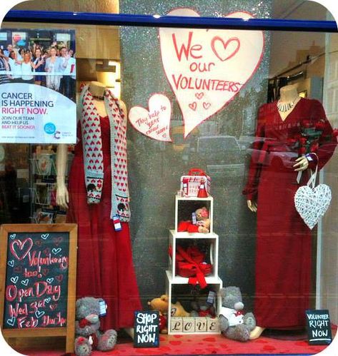 Volunteering Valentines window at CRUK Bridgnorth ...32 Boutique Shelving, Charity Shop Display Ideas, Toronto Trip, Valentines Window Display, Sliding Doors Exterior, Window Display Retail, Window Illustration, Shop Window Stickers, Retail Inspiration