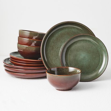 PRICES MAY VARY. 【Reactive Glaze & Each Set Unique】 The surface of dinnerware sets are made of reactive glaze material. Reactive refers to a technique how multiple colors within the glaze react together to create a dreamlike, vibrant quality to the colors and hues. As a result of the reactive nature of the glaze, each stoneware piece is unique. The color gradient on the edge of the bowl is the result of artisan manual spray glaze coloring. 【Pokini Designer Handicrafts】 The design inspiration for Earthy Kitchen, Christmas Dinnerware Sets, Ceramic Dish Set, Unique Dishes, Glazed Ceramics, Rustic Dinnerware, Modern Plates, Arizona House, Outdoor Dinnerware