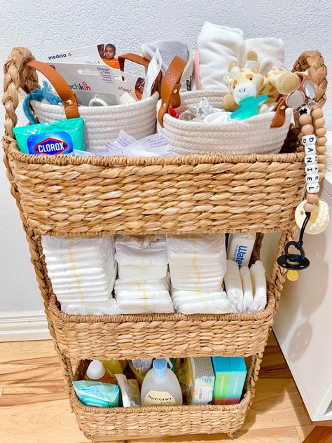 3 Tier Wicker Basket Stand Nursery, Target Organization Storage, Nursery Organization Baskets, Bedside Nursery Setup, Bedside Nursery Station, Nursery Without Closet, Rv Baby Nursery, Newborn Bedside Station, Bedside Baby Station