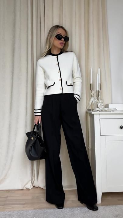 Business Conference Outfits Women Winter, High Contrast Outfits Women, Black And White Professional Outfits, Citizenship Ceremony Outfit Ideas, Professional Winter Outfits Women, Business Lunch Outfit, Black Cullotes Outfits, Black And White Work Outfit, Black Trousers Outfit