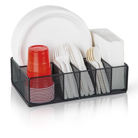 Picnic Utensil Ideas, Silverware Caddy, Plate Organizer, Paper Plate Holders, Utensil Caddy, Plastic Utensils, Plate Storage, Utensil Organization, Picnic Ideas