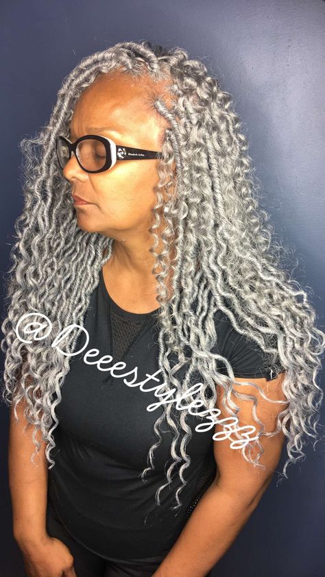 Grey Locs Silver Black Women, Gray Goddess Braids, Jah Locs Extensions, Hair Crochet Styles, Gray Braids, Graying Gracefully, Styles Locs, Grey Hair Braids, Crown Inspiration