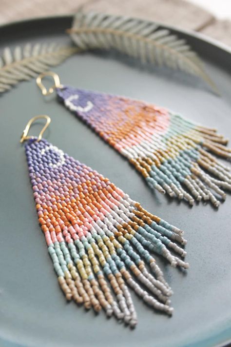 Beaded fringe earrings bead earrings seed bead earrings | Etsy Long Beaded Earrings, Ombre Earrings, Earrings Bead, Beaded Earrings Native, Twilight Sky, Bead Bar, Native American Beading, Beaded Fringe, Beaded Dangle Earrings