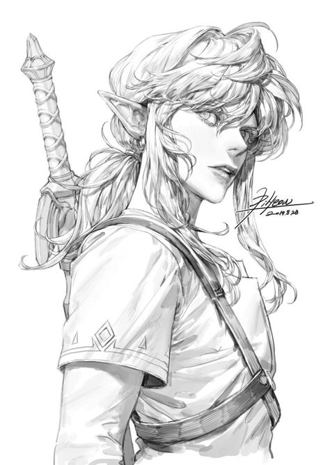 ArtStation - Line Drawing, pilyeon . 흑백 그림, Gambar Figur, Zelda Art, Character Sketches, 인물 드로잉, Lukisan Cat Air, Arte Sketchbook, Kpop Fanart, Anime Sketch