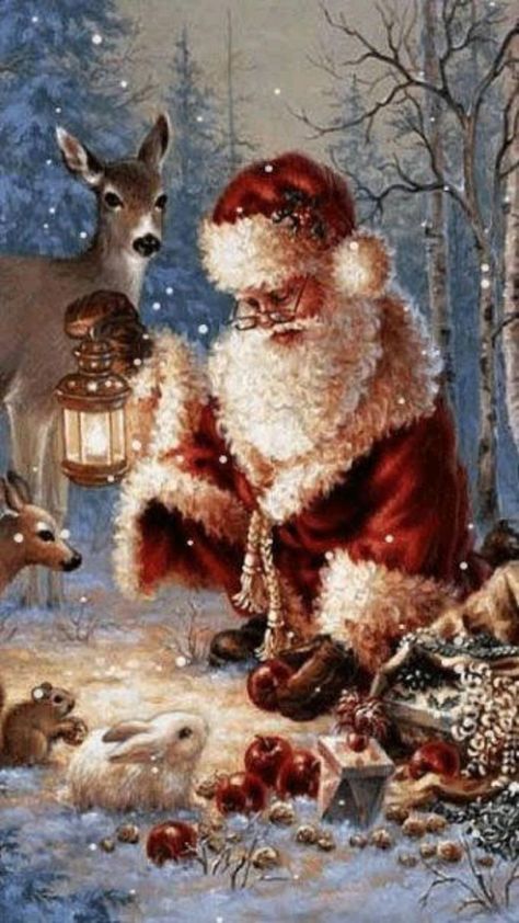 Santa Claus Pictures, Animiertes Gif, Santa And His Reindeer, Christmas Labels, Antique Oil Painting, Vintage Santa Claus, Farmhouse Art, Victorian Christmas, Santa And Reindeer