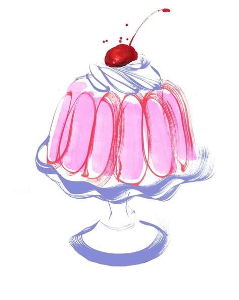 Pink jelly dessert illustrated with a cherry on top. Ink and brushstroke inspired. Food illustration. Bundt Cake Illustration, Trifle Illustration, Cake Illustration Design, Desserts Illustration, Jelly Illustration, Sweets Illustration, Cherry Illustration, Cupcake Illustration, Jelly Desserts