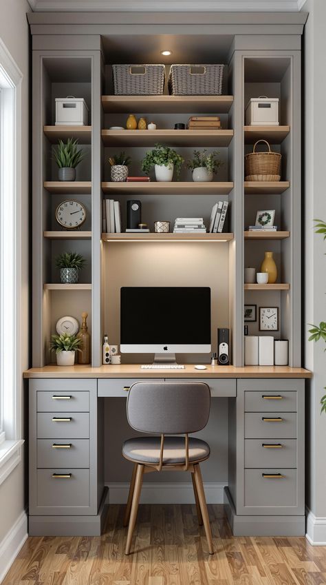 Hidden Desk Ideas Small Built In Desk Ideas, Wall Cabinets With Desk, Desk Closet Combo, 2 Desk Built In Office, Peninsula Desk With Bookcase, Office With Floating Desk, Nightstand Desk Combo, Built In Desk And Shelves Office Small Spaces, Hideable Home Office