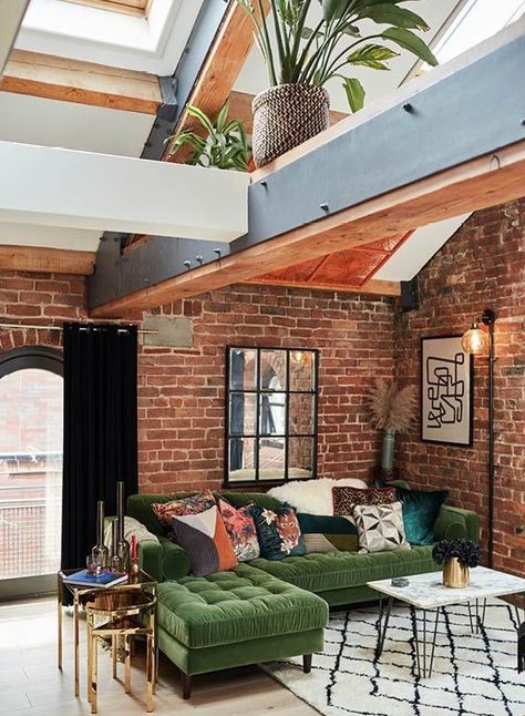 Brick Living Room, Brick Interior, Loft Interior Design, Ideas For Decorating, Loft Interiors, Loft Decor, Brick Walls, Loft Living, Loft Design