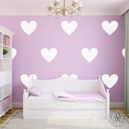 8 large white heart decals for walls in a children's room above a white bed. There is a white dresser on the left, a white chandelier on the ceiling, and the wall is pink. Dresser Top Decor Ideas, Dresser Top Decor, Top Decor Ideas, Heart Wall Decal, Floral Wall Decals, Office Color, Removable Wall Decals, Girls Bathroom, Vinyl Wall Stickers