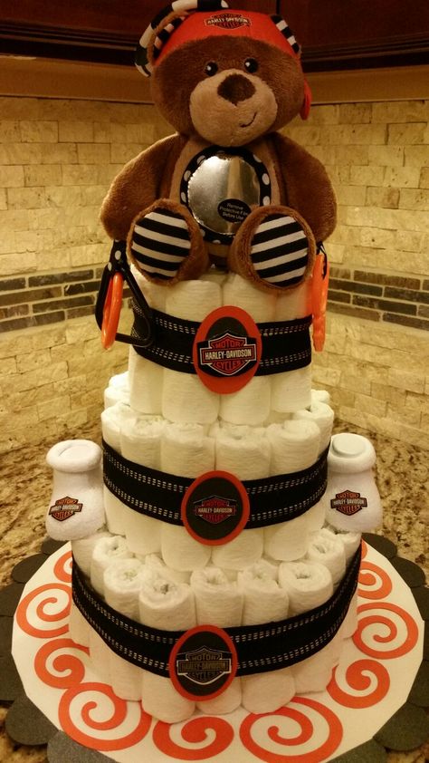 Harley Davidson  Diaper  Cake Baby Shower Harley Davidson, Harley Davidson Baby Announcement, Harley Davidson Baby Shower Ideas, Harley Davidson Baby Shower, Kylie Baby Shower, Harley Baby, Motorcycle Birthday, Motorcycle Baby, Harley Davidson Baby