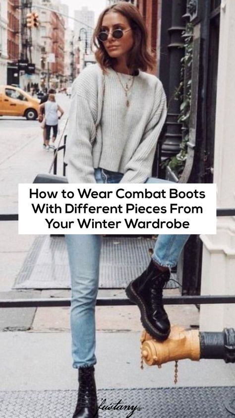 Womens Combat Boots Outfit Winter, Ankle Winter Boots, Jeans And Combat Boots Outfit Winter, Daytime Party Outfit Winter, Combat Boot Winter Outfits, How To Style Snow Boots, Chic Combat Boots Outfit, How To Style Combat Boots Fall Outfits, Combat Boots Over 50