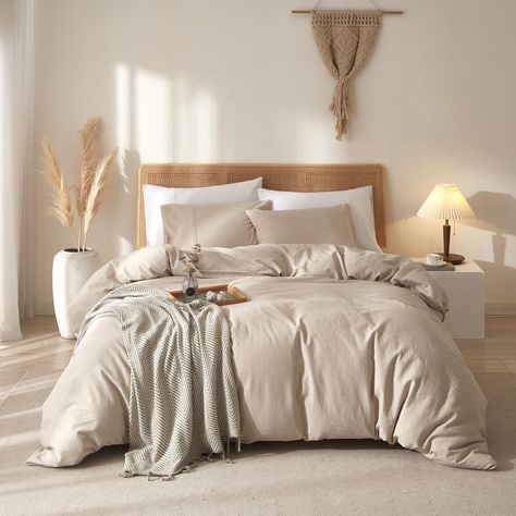 PRICES MAY VARY. 【Natural French Linen Elegance】Crafted from 100% natural French linen, responsibly grown and OEKO-TEX certified, this linen duvet cover set offers a breathable fabric that regulates temperature and provides moisture-wicking capabilities for year-round comfort 【Complete Bedding Ensemble】The duvet set includes one queen-sized duvet cover measuring 90"x90" and two standard pillow shams measuring 20"x26" each. The linen duvet covers features a hidden zipper closure and 8 corner ties White And Cream Linen Bedding, King Size Comforter Sets Neutral, Tan And White Layered Bedding, Creme And White Bedding, Duvet Cover Sets King Beige, Linen Bedding Styling Color Schemes Bedroom, Cream Bedding Comforter, Beig Duvet Covers, Oatmeal Linen Duvet Cover