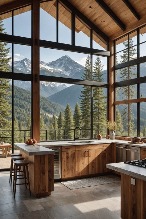 Mountain House Windows, Homes In Mountains, Backyard With Mountain View, Cabin Modern Kitchen, Canadian Cottage Interiors, Mountain Aesthetic Interior Design, Kitchens With A View, Mountain View Kitchen, Modern Lake House Decor Interior Design Kitchen