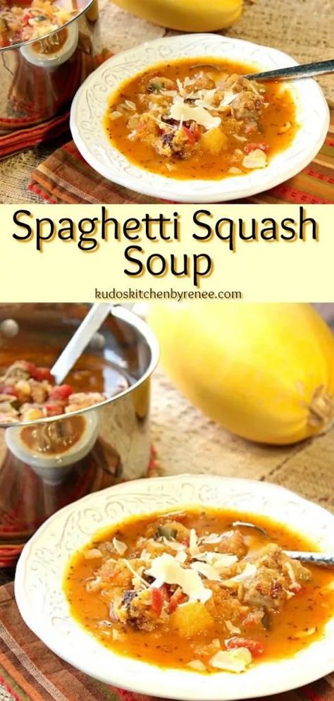 Spaghetti Squash Soup, Soup With Italian Sausage, Thanksgiving Soups, Tomatoes And Zucchini, Italian Sausage Soup, Squash Soup Recipe, Easy Budget, Spaghetti Squash Recipes, Fall Soups