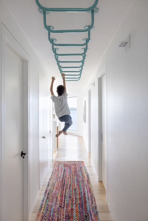 Photo 2 of 14 in 13 Sporty Homes That Deserve Gold Medals from Monkey Bars in the Hallway? This New Brunswick House Is Designed Like a Playground - Dwell Brunswick House, Staircase Outdoor, Monkey Bar, Farmhouse Scandinavian, Light Hardwood, Light Hardwood Floors, Construction Ideas, Monkey Bars, Green Rings