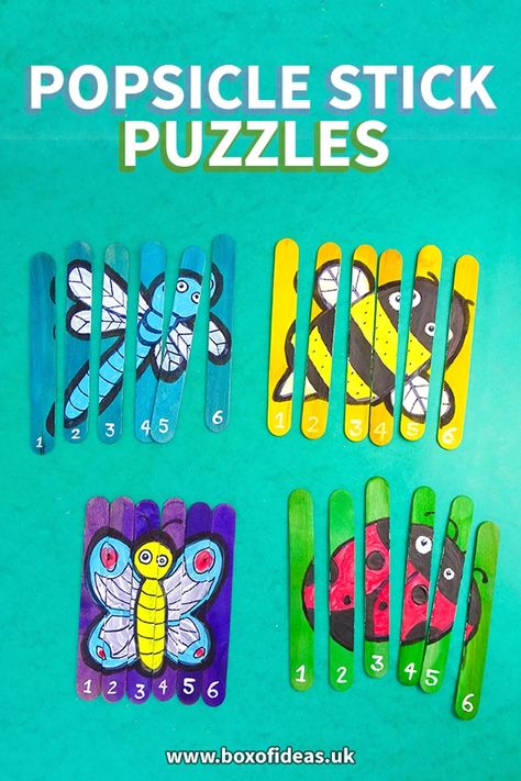 Puzzle Popsicle Sticks, Games With Recycled Materials, Popsicle Puzzle, Make A Puzzle, Bee Diy, Butterfly Puzzle, Dragon Fly Craft, Make Your Own Puzzle, Popsicle Crafts