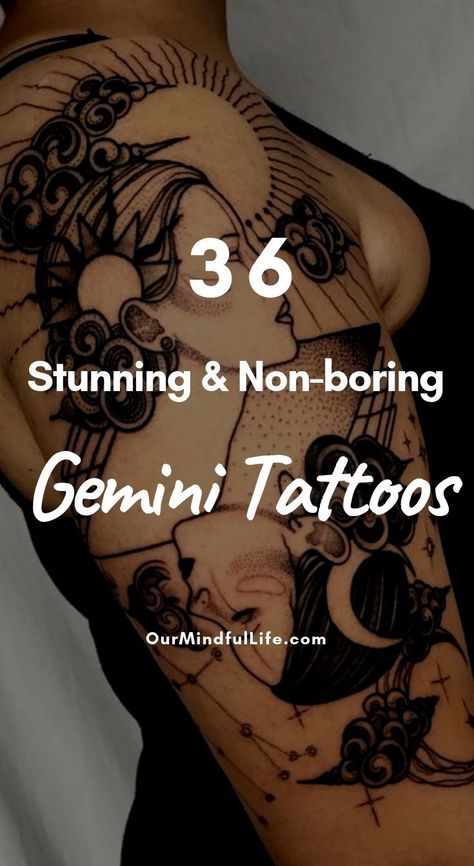 Watercolor Gemini Tattoo, Gemini Hip Tattoo, Gemini Witch Tattoo, Gemini Sleeve Tattoo For Men, Gemini Spirit Animal Tattoo, Gemini Shoulder Tattoos For Women, Spiritual Gemini Tattoo, Gemini Leg Tattoo, Gemini Sign Tattoo Men