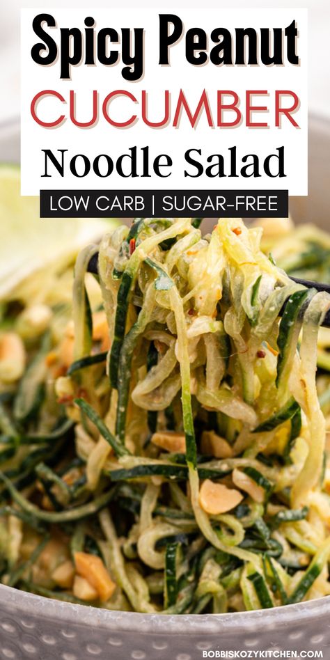 Spicy Peanut Cucumber Noodle Salad in a gray bowl with chopsticks. Cucumber Noodle Salad, Sesame Peanut Noodles, Cucumber Noodles, Traditional Pasta, Cold Noodles, Peanut Noodles, Low Carb Salad, Cold Salad, Low Carb Sides