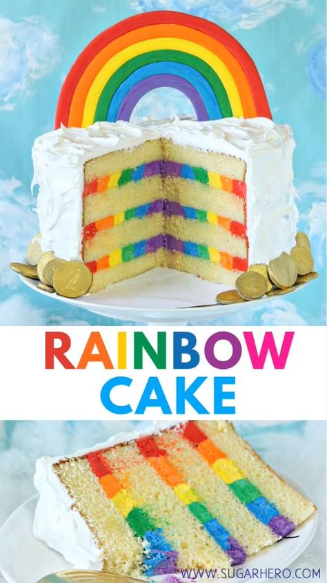 Taste the rainbow with this Rainbow Cake! With fluffy cloud frosting on the outside and rainbow frosting hidden inside. | From SugarHero.com #sugarhero #rainbowcake #rainbowfrosting #rainbowdesserts #stpatricksday How To Transfer Cake From Turntable, Rainbow Food Videos, How To Make Rainbow Cake, Coming Out Cake, Rainbow Frosting Cake, Rainbow Sheet Cake, Rainbow Birthday Party Cake, Rainbow Party Cake, Rainbow Cake Inside