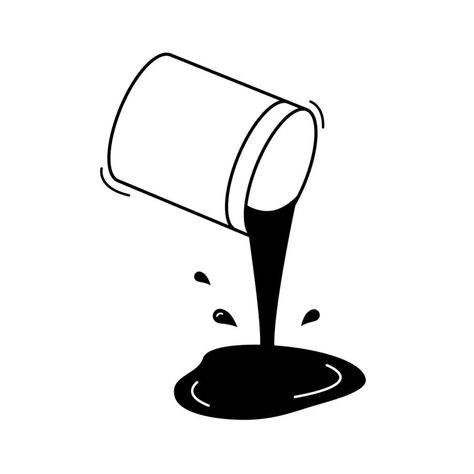 Bucket with spilling paint outline icon. Hand drawn vector illustration. Pouring liquid with splashes, drops and puddle. Doodle style. Spilled Paint Art, Bottle Pouring Drawing, Bucket Doodle, Draw Prompts, Drip Drawing, Liquid Drawing, Paint Outline, Nursery Worksheet, Liquid Illustration