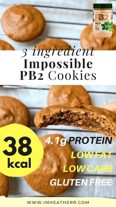 3 Ingredient PB2 Protein Peanut Butter Cookies (38 calories, Low Carb & Low Fat!) - imheatherr! Protein Peanut Butter Cookies, Pb2 Cookies, Peanut Butter Powder Recipes, Pb2 Recipes, Protein Peanut Butter, Low Carb Low Fat, Baking Powder Uses, Protein Desserts, Low Calorie Desserts