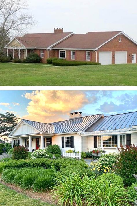 Brick Ranch Exterior, Ranch Style Homes Exterior, Painted Brick Ranch, Modern Ranch Style Homes, Brick House Exterior Makeover, Brick Ranch Houses, Ranch Makeover, Ranch House Exterior, Exterior House Remodel