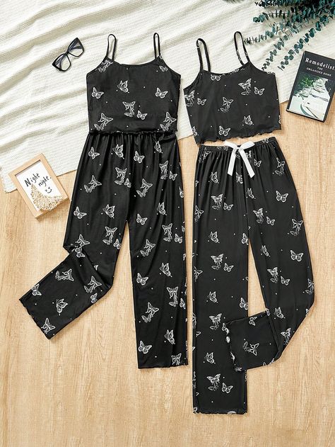 Black Cute Collar   Animal,All Over Print Pant Sets Embellished Slight Stretch  Teen Girls Clothing Girls Pjs, Print Pant, Cute Pajama Sets, Teen Clothes, Cute Lazy Day Outfits, Cute Pajamas, Pant Sets, Lazy Day Outfits