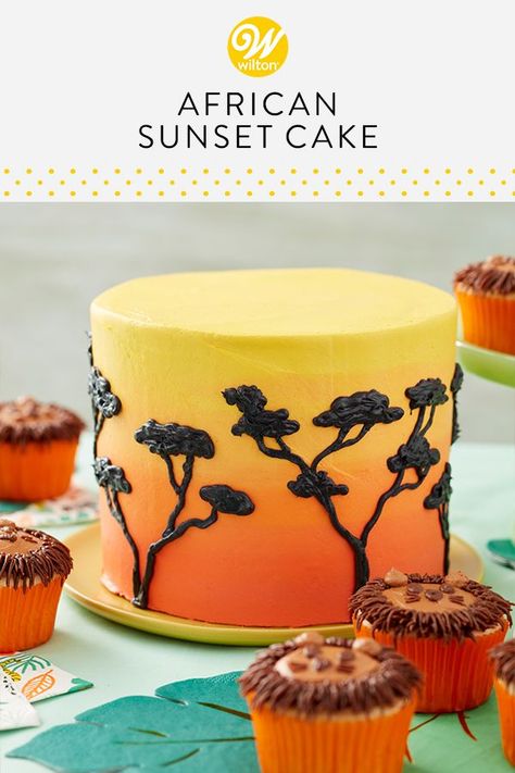 This African Sunset Cake is the perfect centerpiece for your jungle or lion-themed party. Decorated with shades of orange and yellow icing, this buttercream cake also features lovely black trees that pop against the bold background. The top of this cake has plenty of room for customization, a cake topper or birthday candles! Pair with the Fur-rocious Lion Cupcakes! #wiltoncakes #birthdaycakes #birthdayparty #kidsparty #lion #jungle #safari #africa #sunset #buttercreamcake #buttercreamfrosting #c Sunset Cake, Lion Cupcakes, Sunset Theme, Orange Icing, Lion King Birthday, African Sunset, Il Re Leone, Icing Colors, Savory Cakes