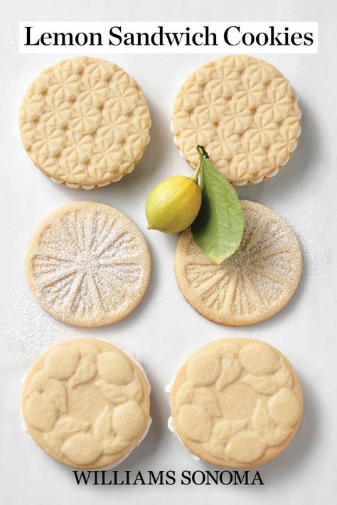 Lemon Sandwich Cookies Sandwich Cookie Filling Recipe, Shortbread Stamped Cookies Recipe, Stuffed Lemon Cookies, Lemon Sandwich Cookies Recipe, Lemon Sandwich Cookies, Lemon Sandwich, Mmm Cookies, Biscotti Recipes, Tea Cookie