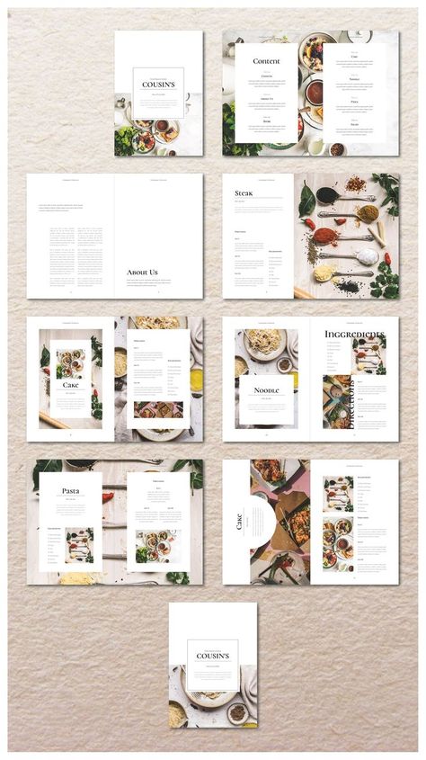 A beautiful multipurpose Recipe Book / Cookbook. Clean, professional, modern and fully customisable InDesign template available in 16 pages. Each page features unique layouts with strong contemporary typography. It’s perfectly suited to kitchens, restaurants, entrepreneurs, chefs and designers looking to showcase their culinary work. This is a print ready document, replace the title and info with your own, change the colours and images to match your brand. Cookbook Design Layout, Cookbook Design Template, Recipe Graphic, Recipe Book Design, Indesign Layout, Bloom Book, Contemporary Typography, Cookbook Design, Recipe Book Templates