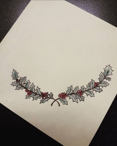 I want this sort of design on the bottom of the tattoo. Almost as if the holly is holding up the rest of the flowers Winterberry Tattoo, Holly Vine Tattoo, Holly Leaves Tattoo, Traditional Holly Tattoo, Holly Tree Tattoo, Holly Tattoo Design, Holly Plant Tattoo, Christmas Tattoo Holiday, Holly Branch Tattoo